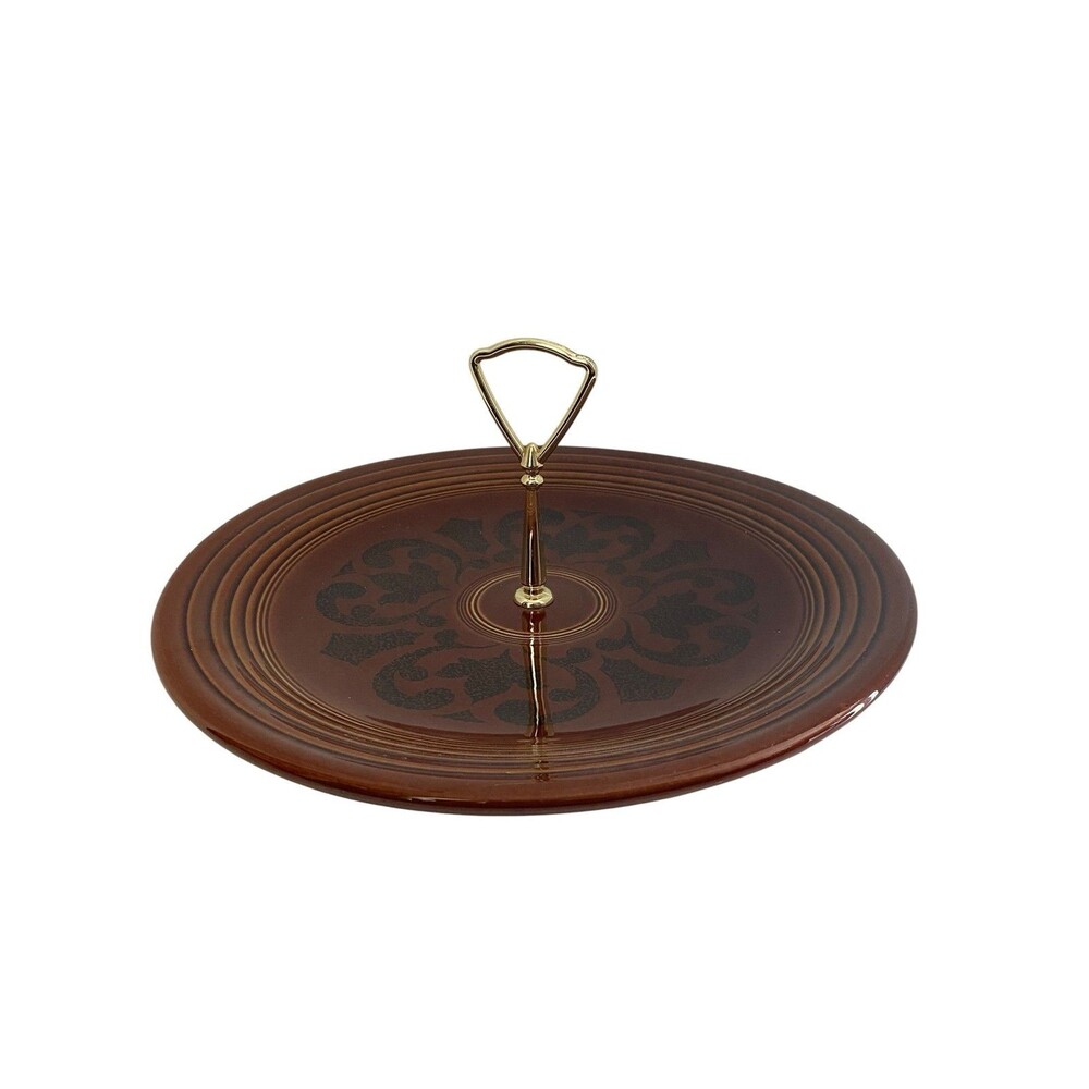 Vintage Sheffield Amberstone Brown Round Handled Serving Tray 12" USA MCM Fiesta